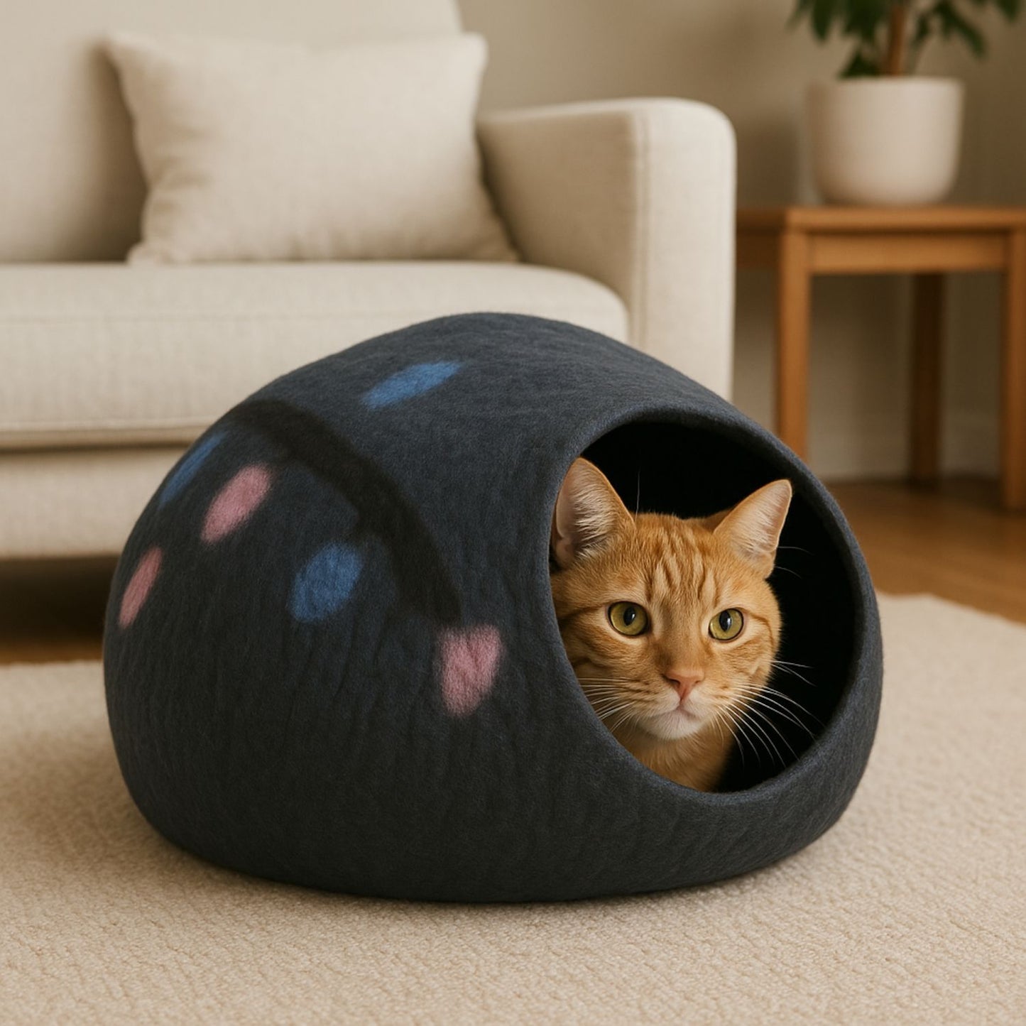 Luxury Felt Cat Cave – Handcrafted Wool Retreat from Nepal – Burnt Sienna