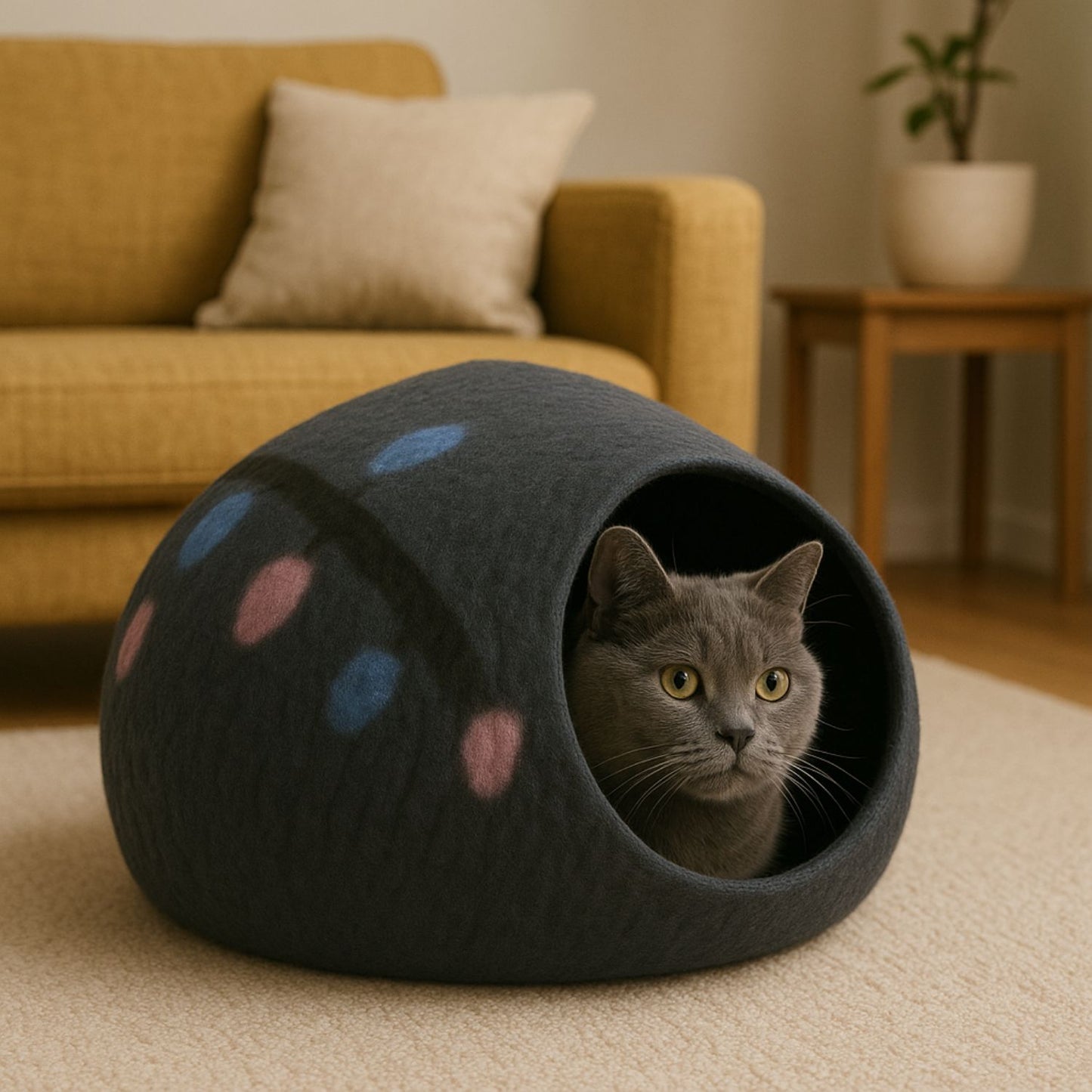 Luxury Felt Cat Cave – Handcrafted Wool Retreat from Nepal – Burnt Sienna