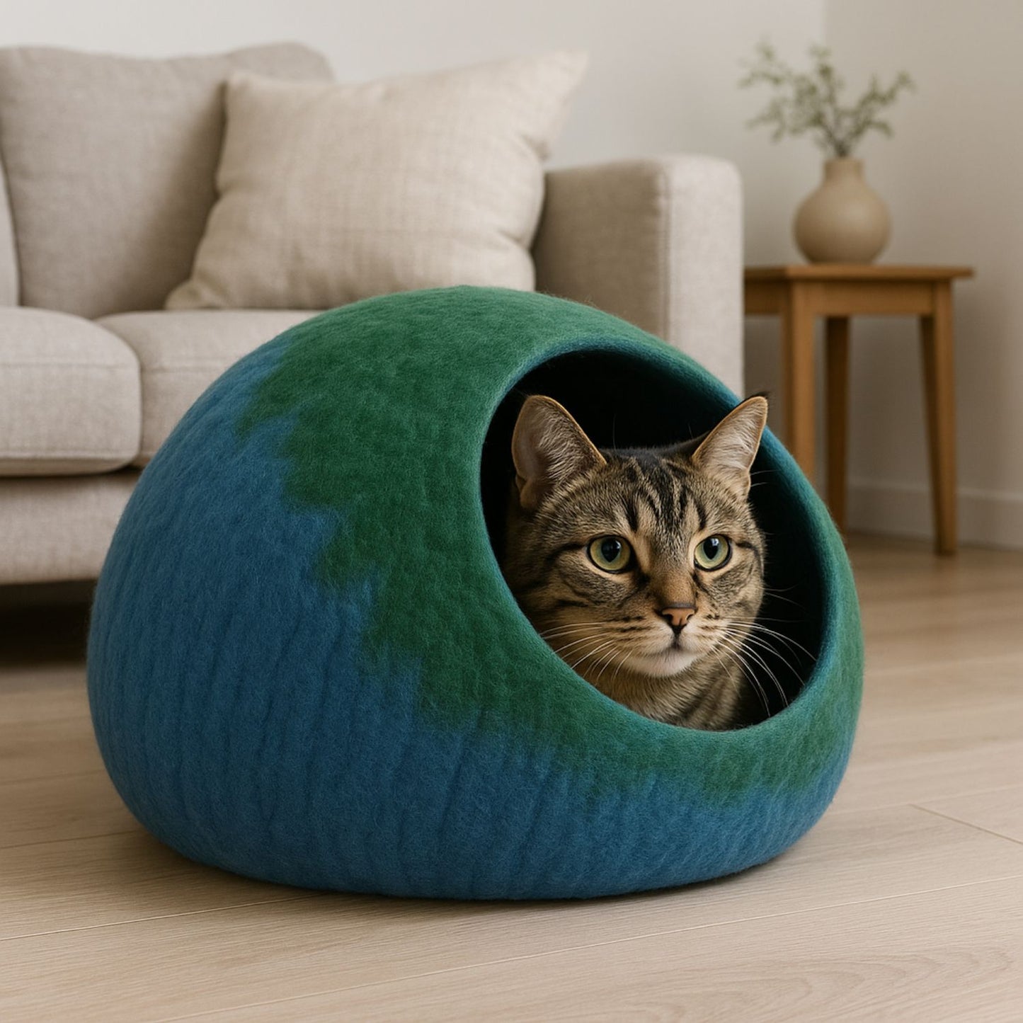 Luxury Felt Cat Cave – Handcrafted Wool Retreat from Nepal – Charcoal Cream