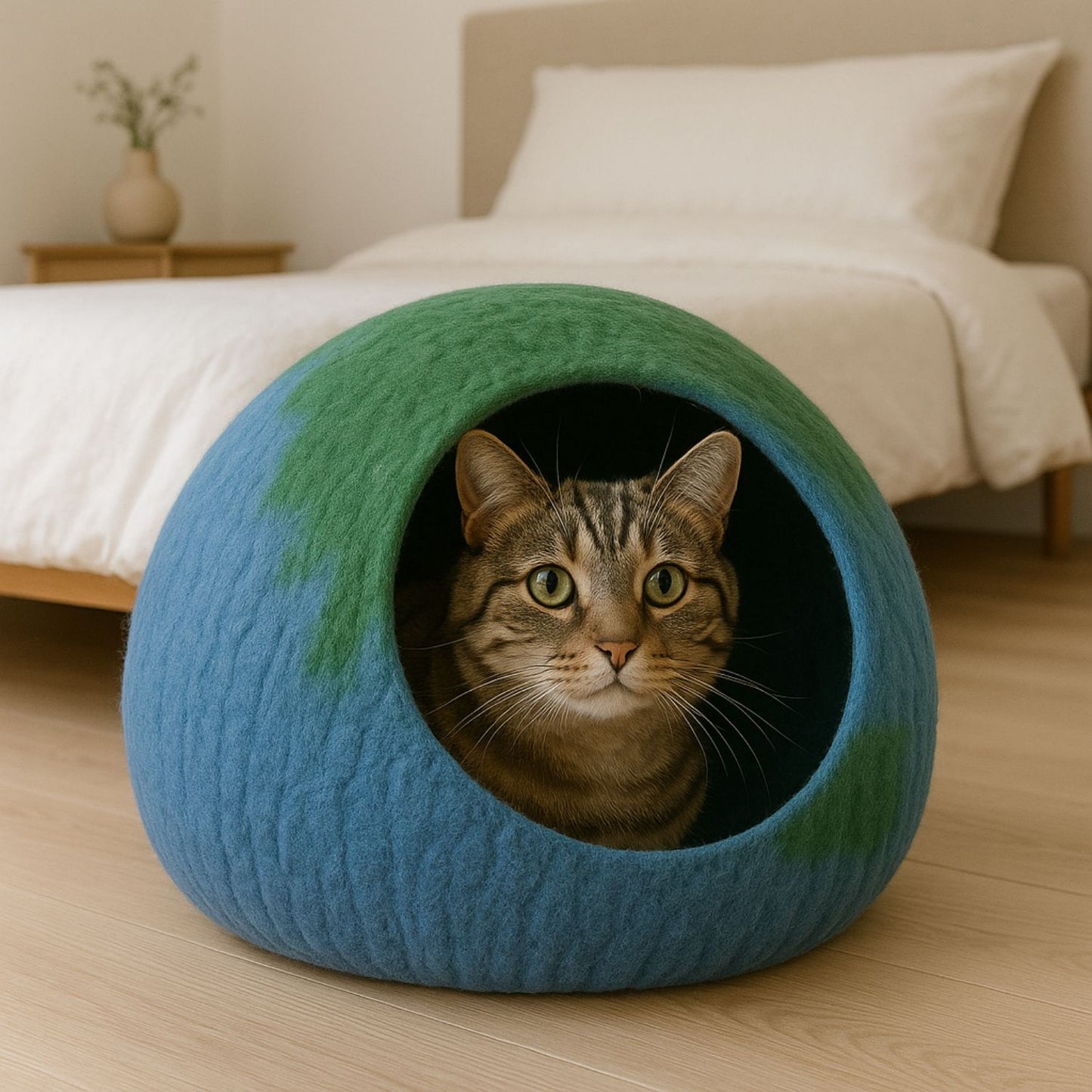 Luxury Felt Cat Cave – Handcrafted Wool Retreat from Nepal – Charcoal Cream