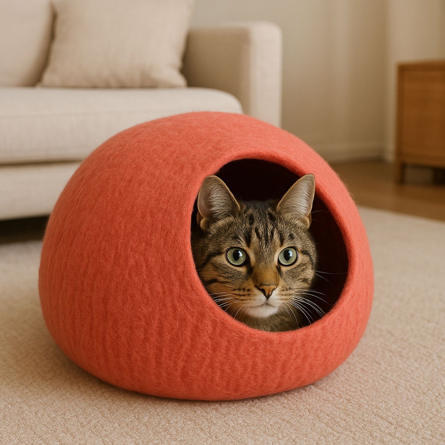 Luxury Felt Cat Cave – Handcrafted Wool Retreat from Nepal – Terracotta Orange