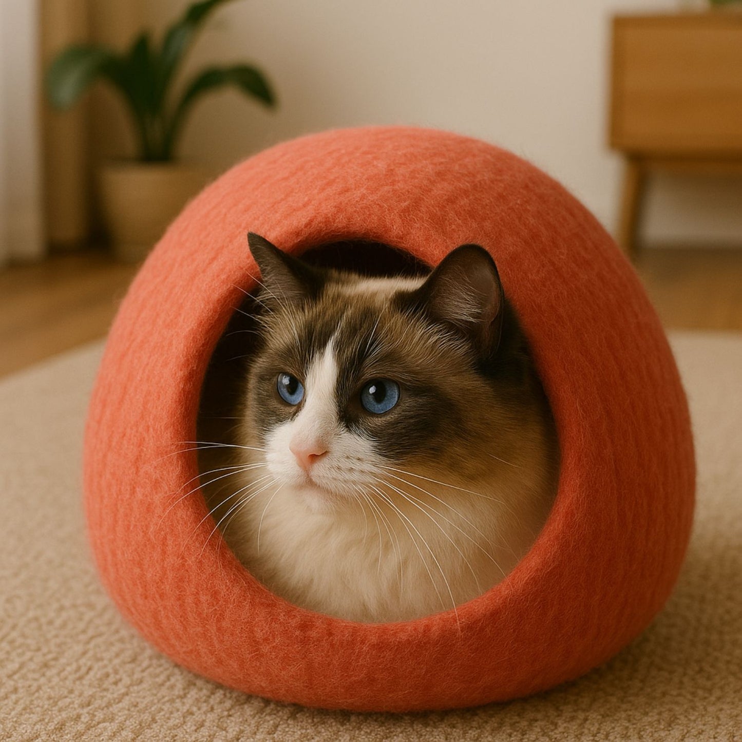 Luxury Felt Cat Cave – Handcrafted Wool Retreat from Nepal – Terracotta Orange