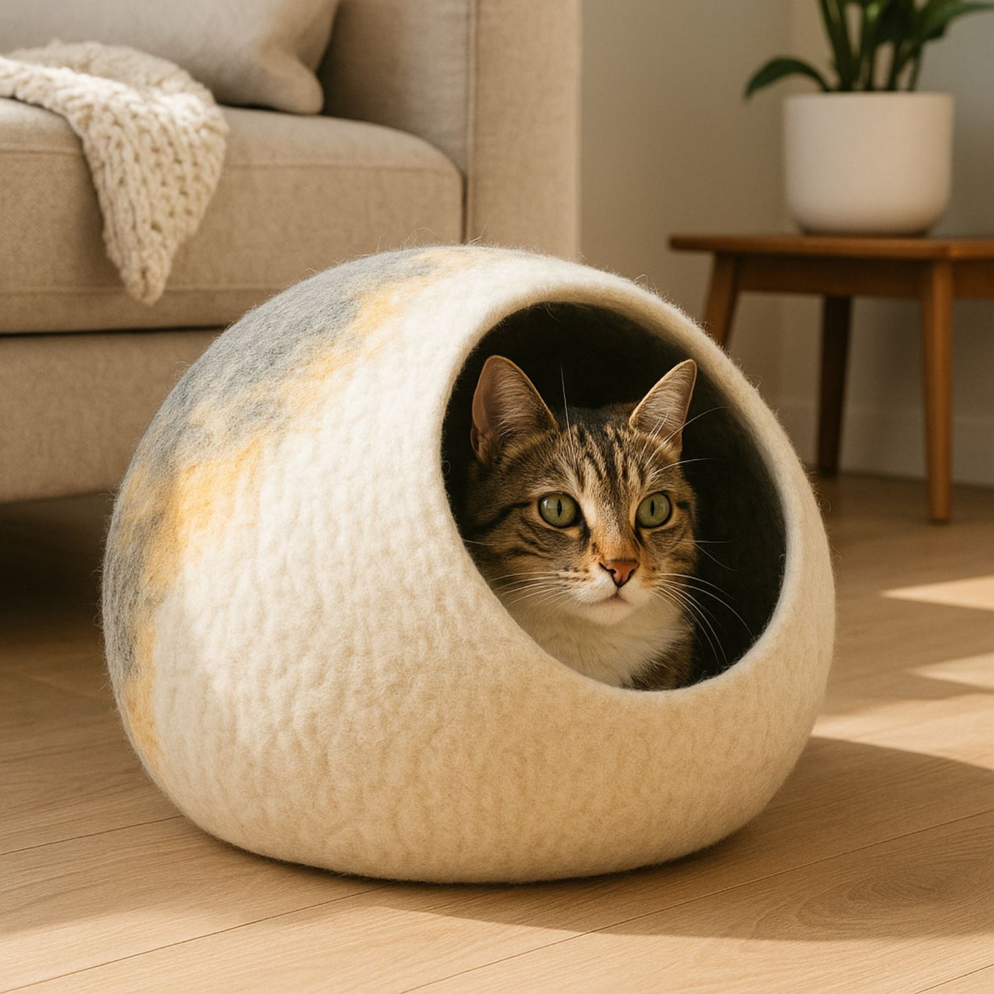 Luxury Felt Cat Cave – Handcrafted Wool Retreat from Nepal – Ash Stripe