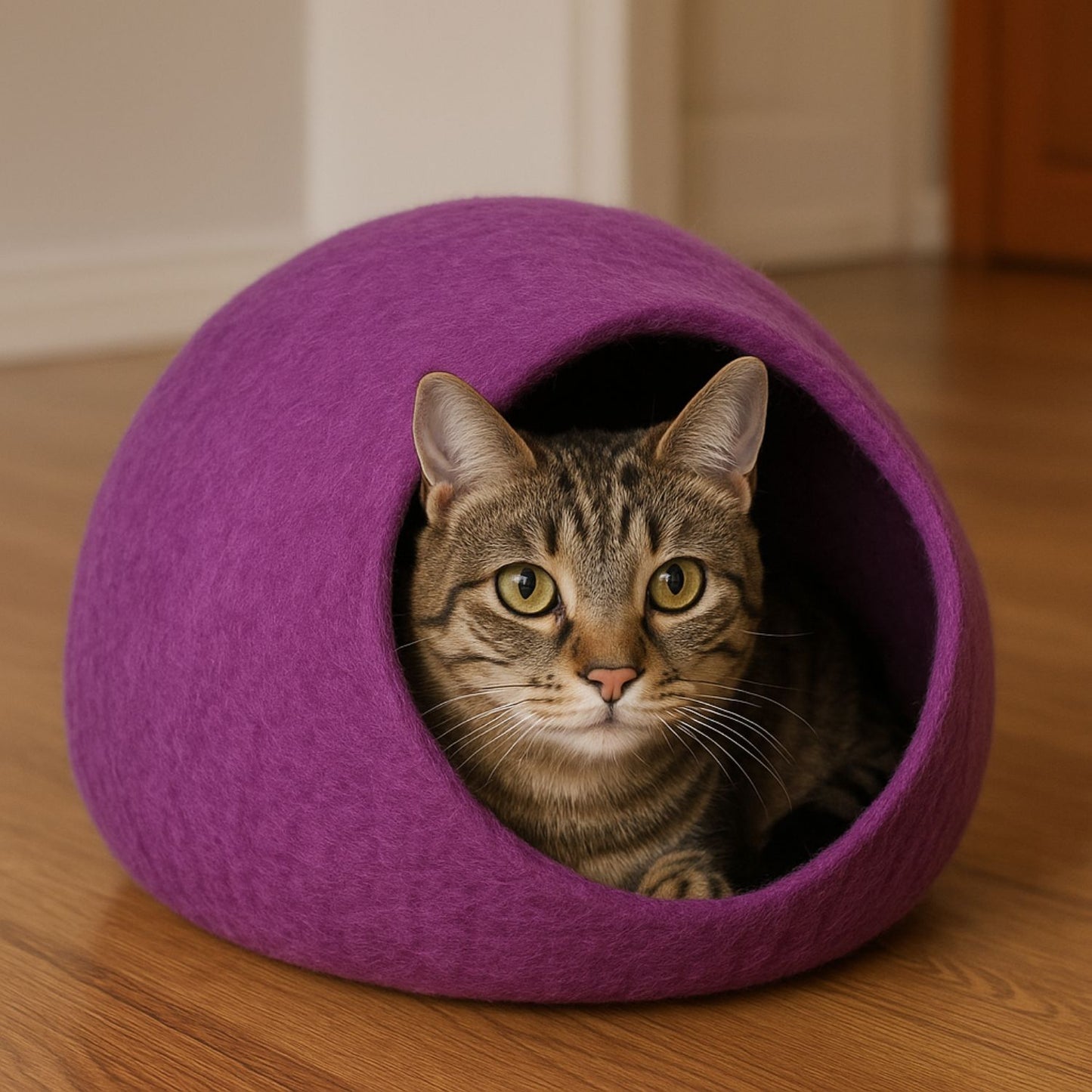 Luxury Felt Cat Cave – Handcrafted Wool Retreat from Nepal – Magenta Plum