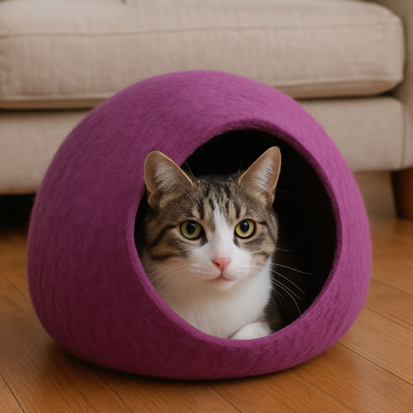 Luxury Felt Cat Cave – Handcrafted Wool Retreat from Nepal – Magenta Plum
