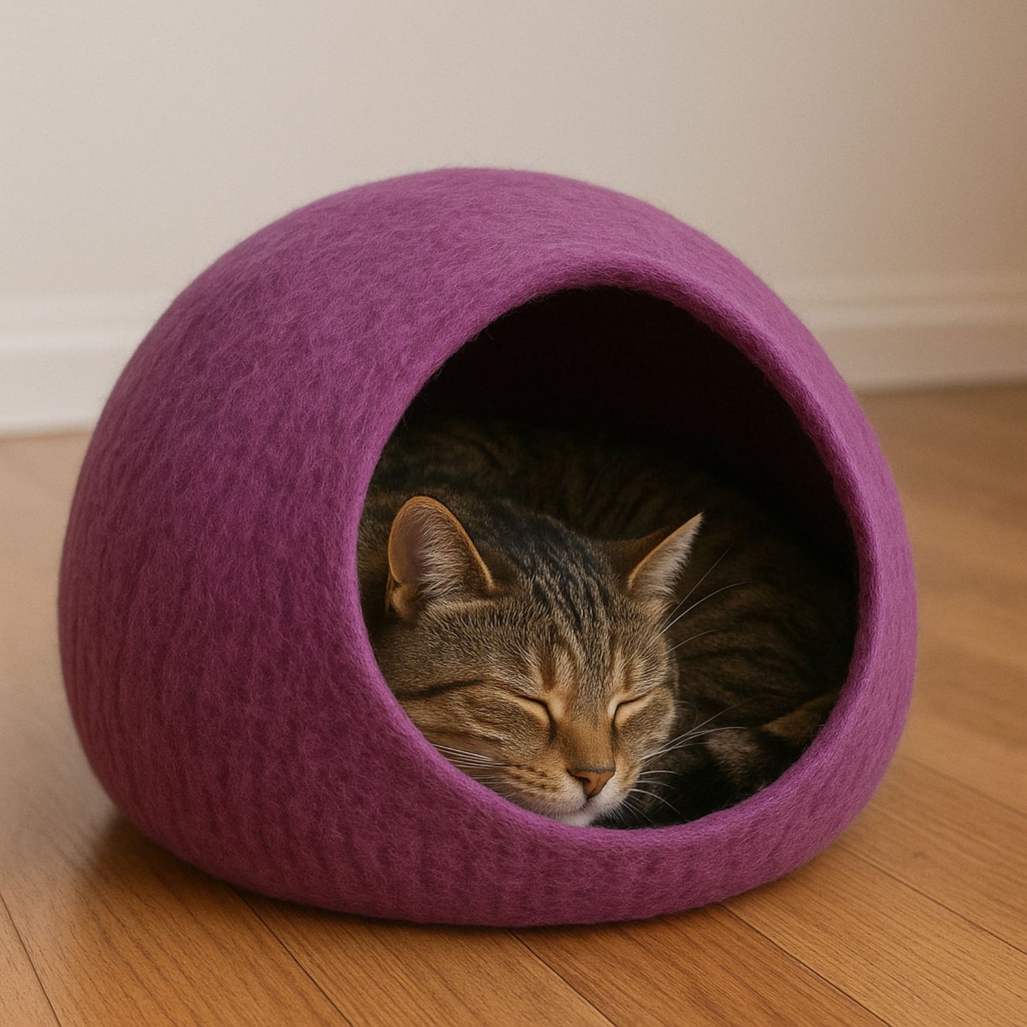 Luxury Felt Cat Cave – Handcrafted Wool Retreat from Nepal – Magenta Plum