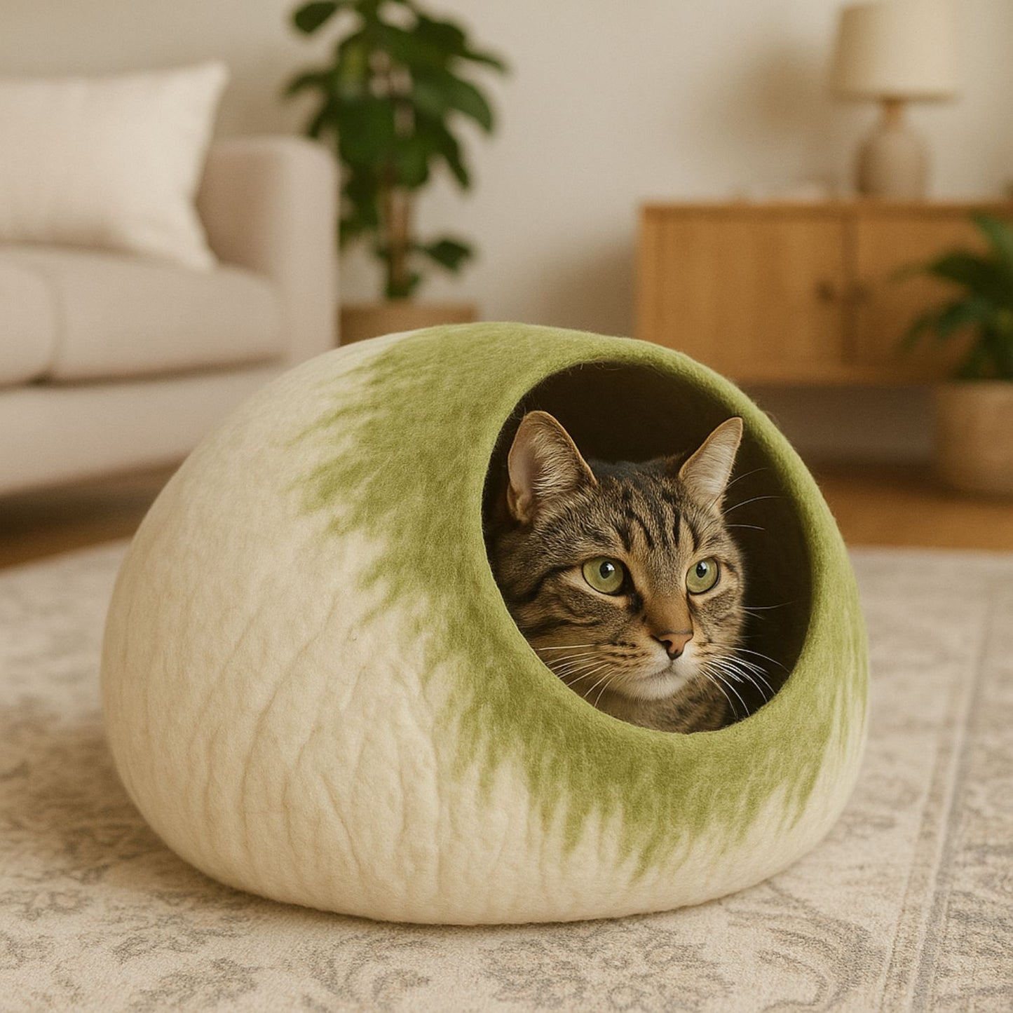 Luxury Felt Cat Cave – Handcrafted Wool Retreat from Nepal – Sage Cream