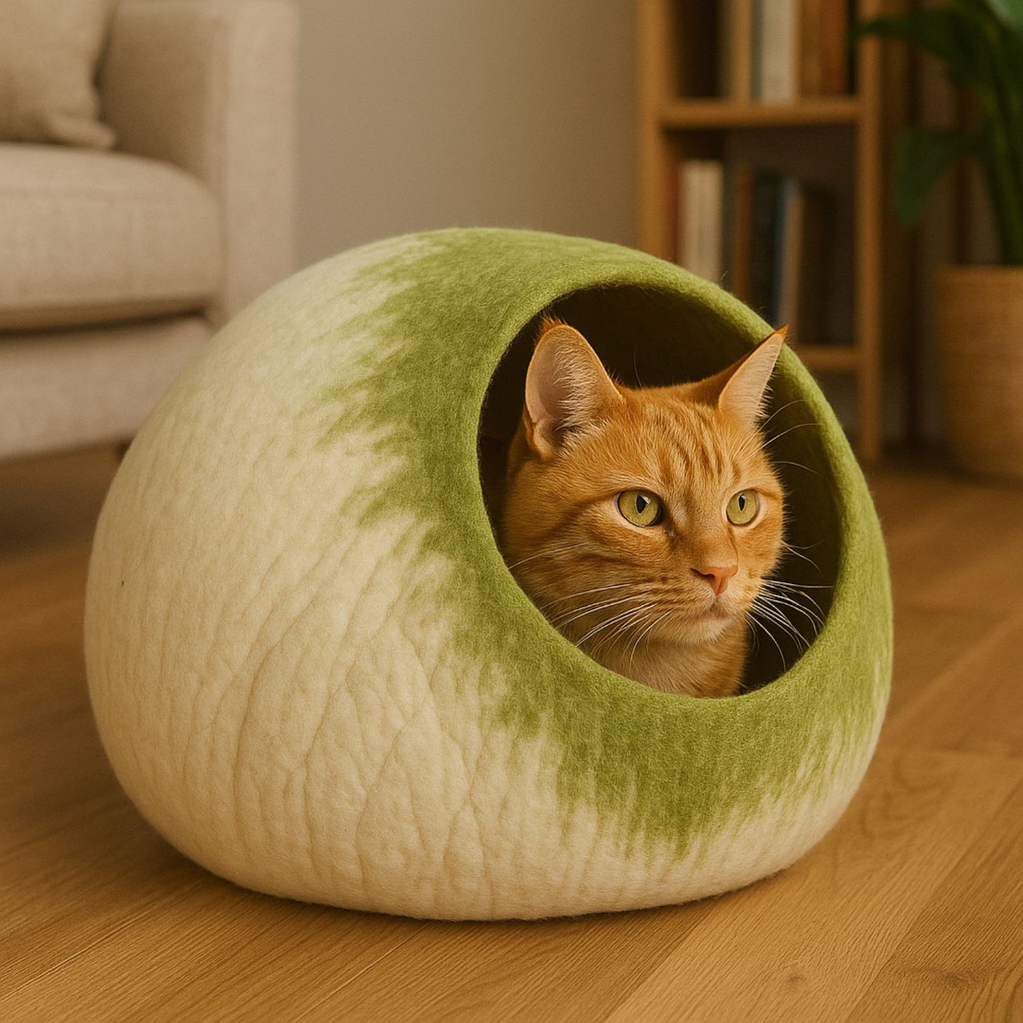 Luxury Felt Cat Cave – Handcrafted Wool Retreat from Nepal – Sage Cream
