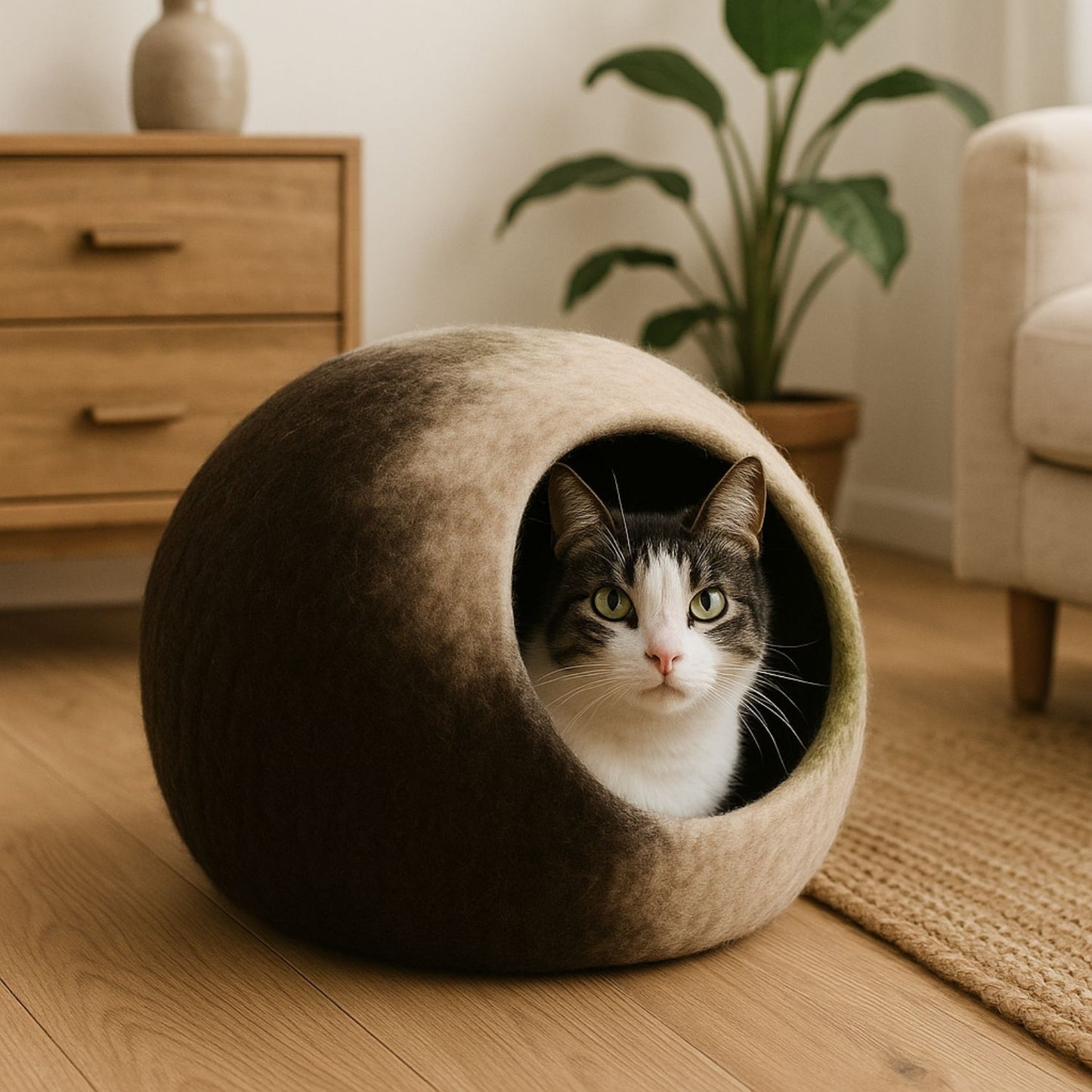 Luxury Felt Cat Cave – Handcrafted Wool Retreat from Nepal – Mocha Stone