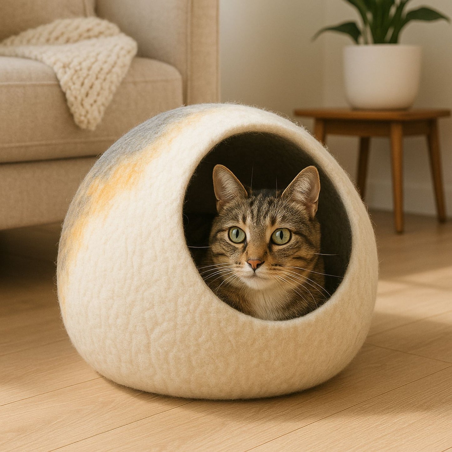 Luxury Felt Cat Cave – Handcrafted Wool Retreat from Nepal – Ash Stripe
