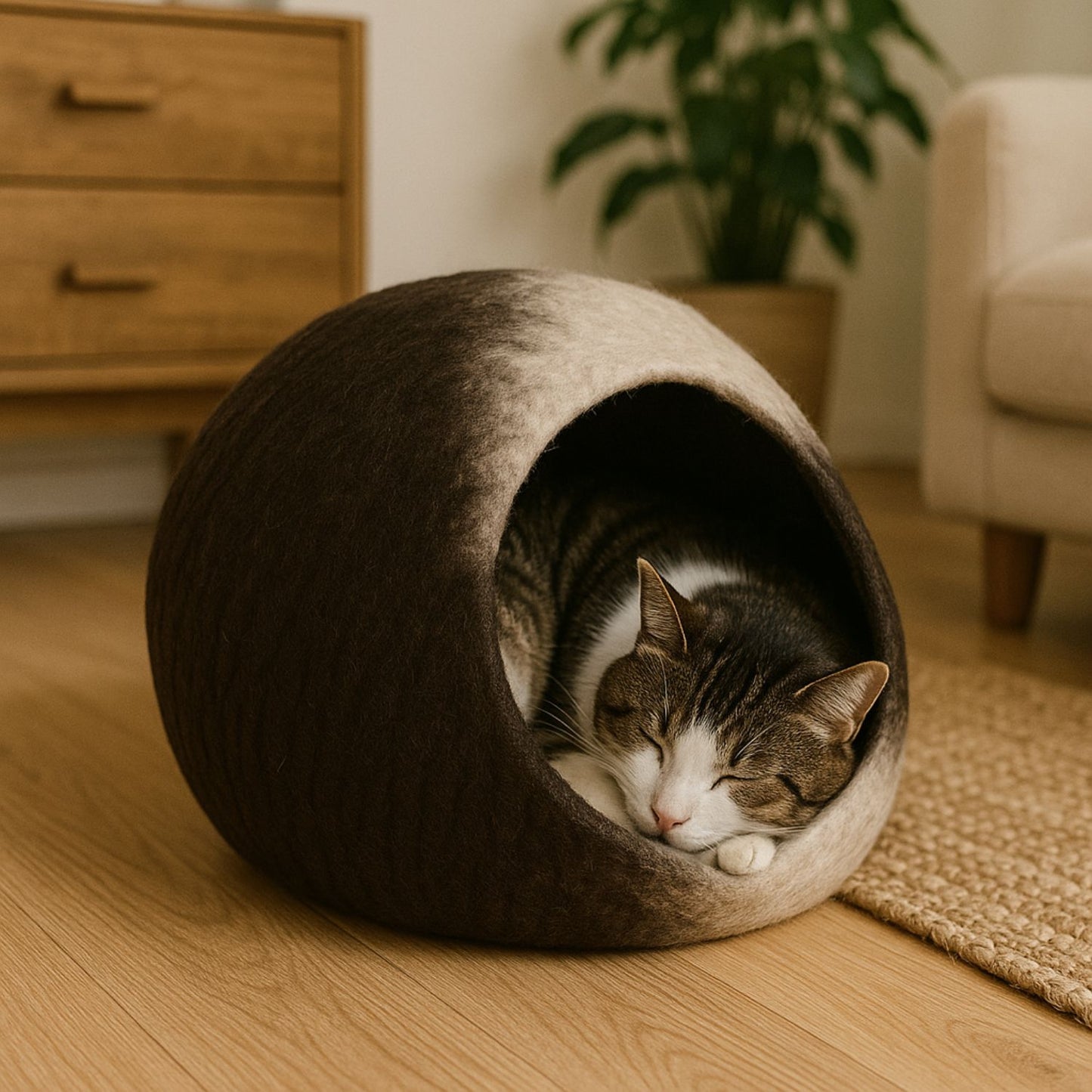 Luxury Felt Cat Cave – Handcrafted Wool Retreat from Nepal – Mocha Stone