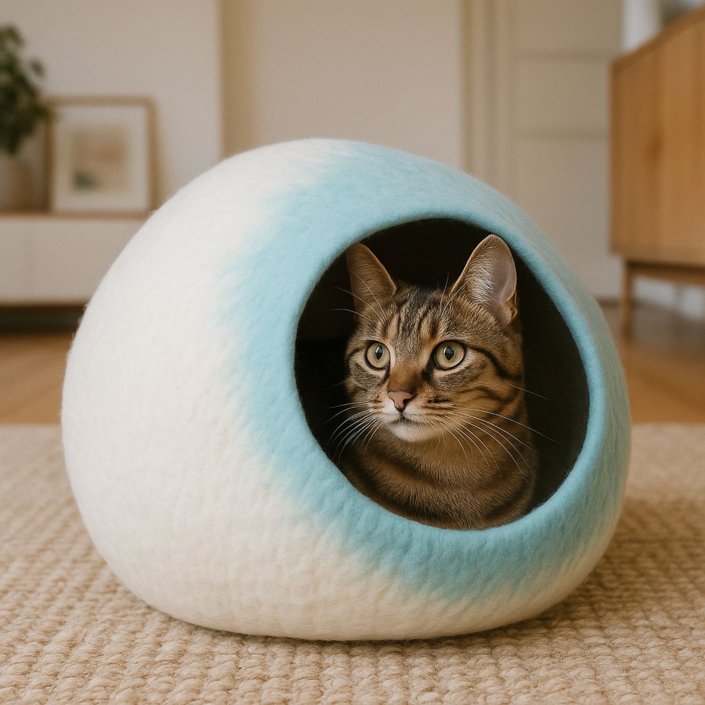 Luxury Felt Cat Cave – Handcrafted Wool Retreat from Nepal – Aqua Cream