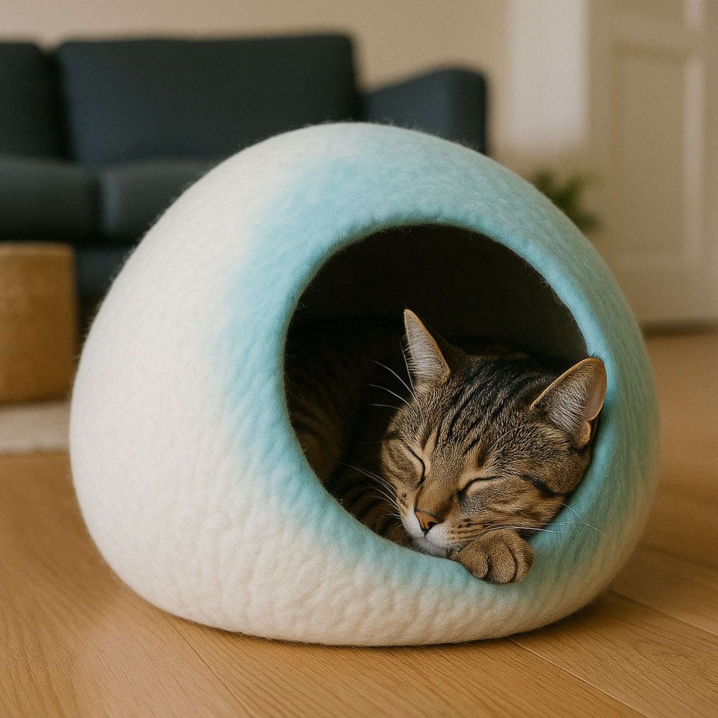 Luxury Felt Cat Cave – Handcrafted Wool Retreat from Nepal – Aqua Cream