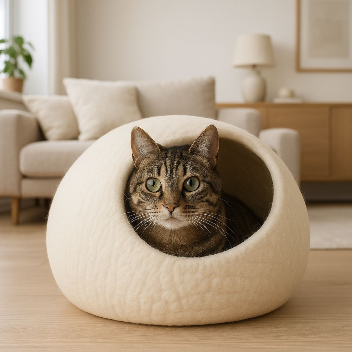 Luxury Felt Cat Cave – Handcrafted Wool Retreat from Nepal – Classic Cream