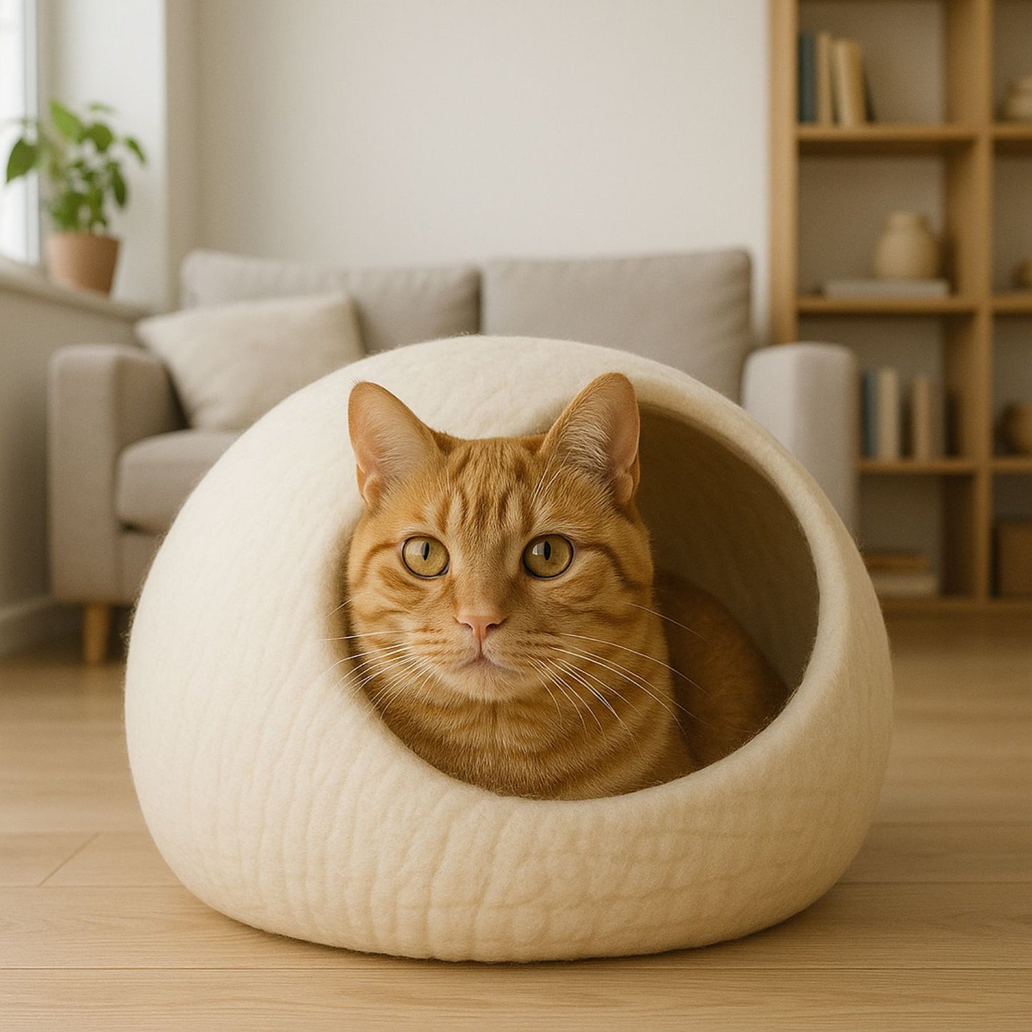 Luxury Felt Cat Cave – Handcrafted Wool Retreat from Nepal – Classic Cream