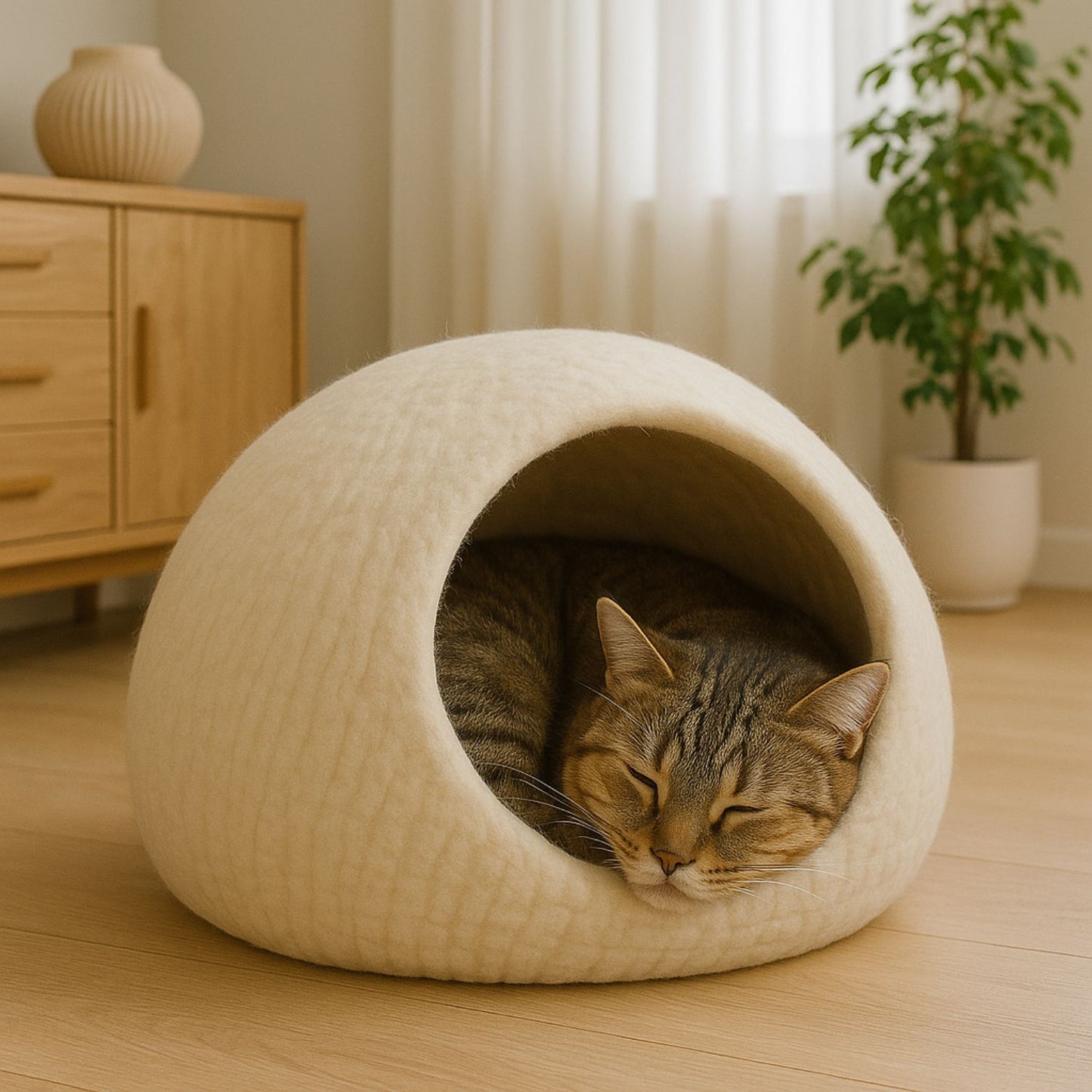 Luxury Felt Cat Cave – Handcrafted Wool Retreat from Nepal – Classic Cream