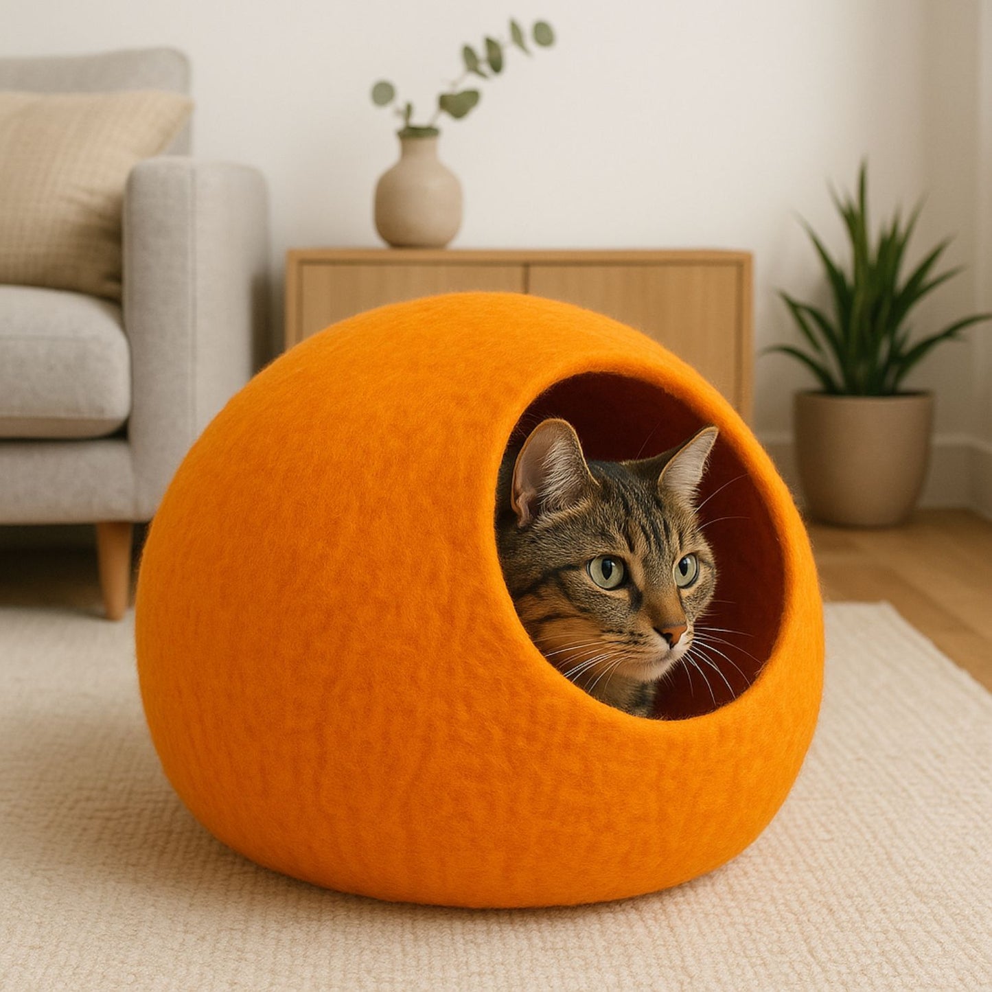 Luxury Felt Cat Cave – Handcrafted Wool Retreat from Nepal – Sunset Orange