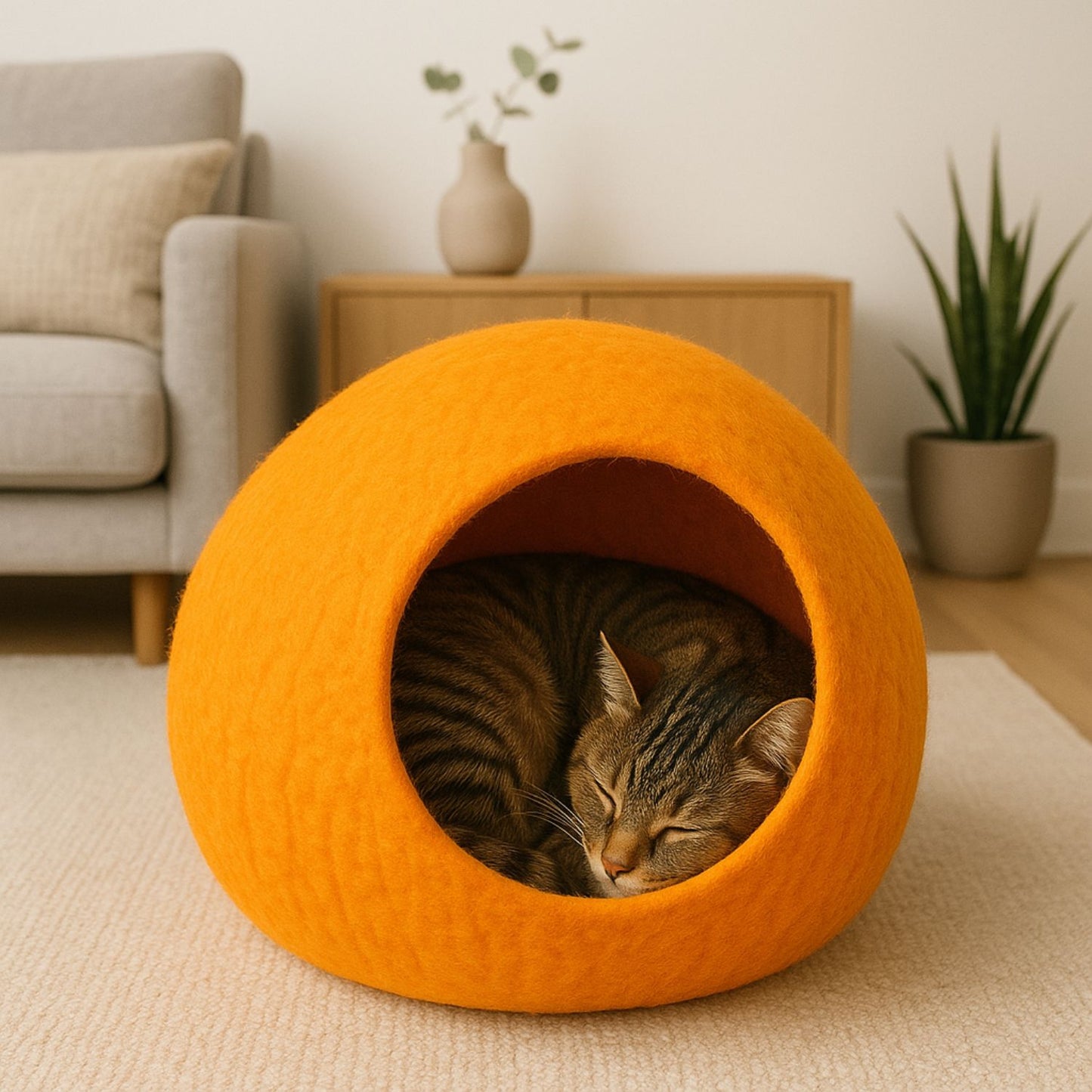Luxury Felt Cat Cave – Handcrafted Wool Retreat from Nepal – Sunset Orange