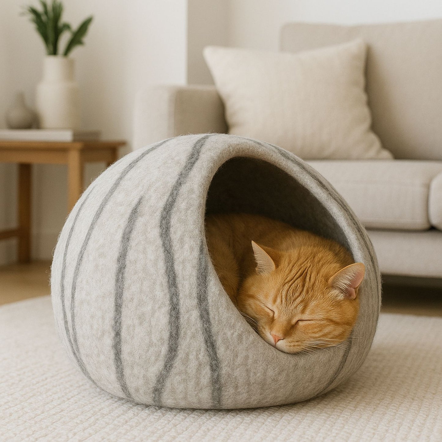 Luxury Felt Cat Cave – Handcrafted Wool Retreat from Nepal – Stone Grey Stripes