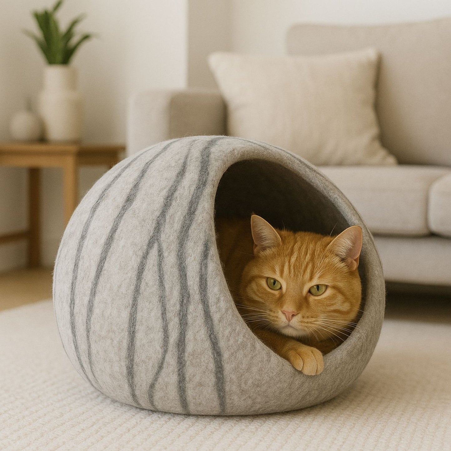 Luxury Felt Cat Cave – Handcrafted Wool Retreat from Nepal – Stone Grey Stripes