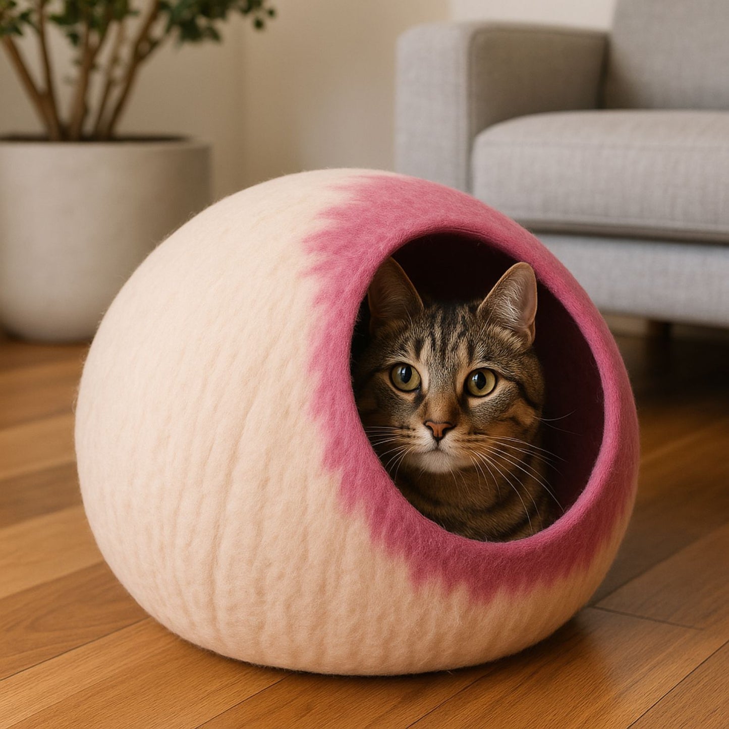 Luxury Felt Cat Cave – Handcrafted Wool Retreat from Nepal – Rose Beige