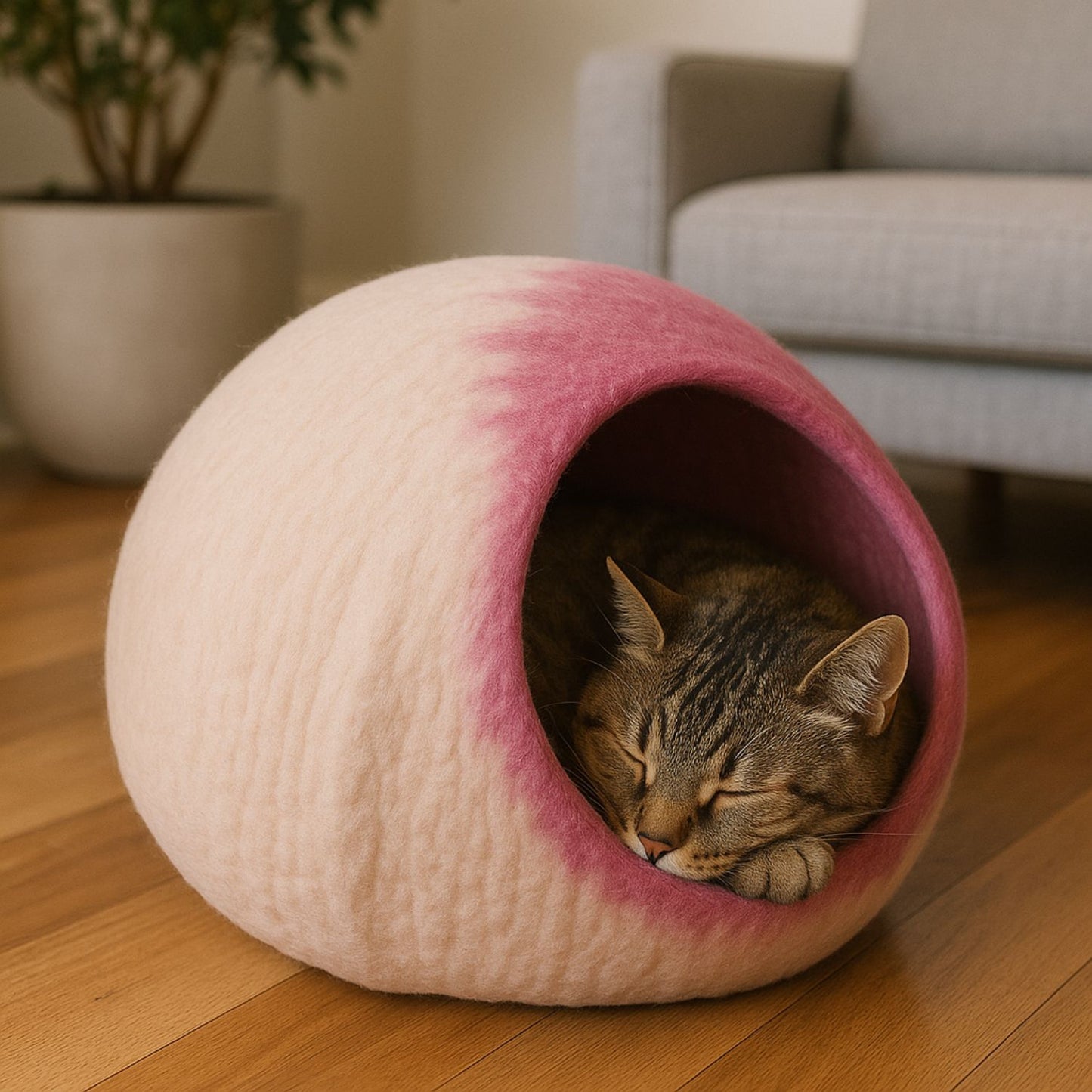 Luxury Felt Cat Cave – Handcrafted Wool Retreat from Nepal – Rose Beige