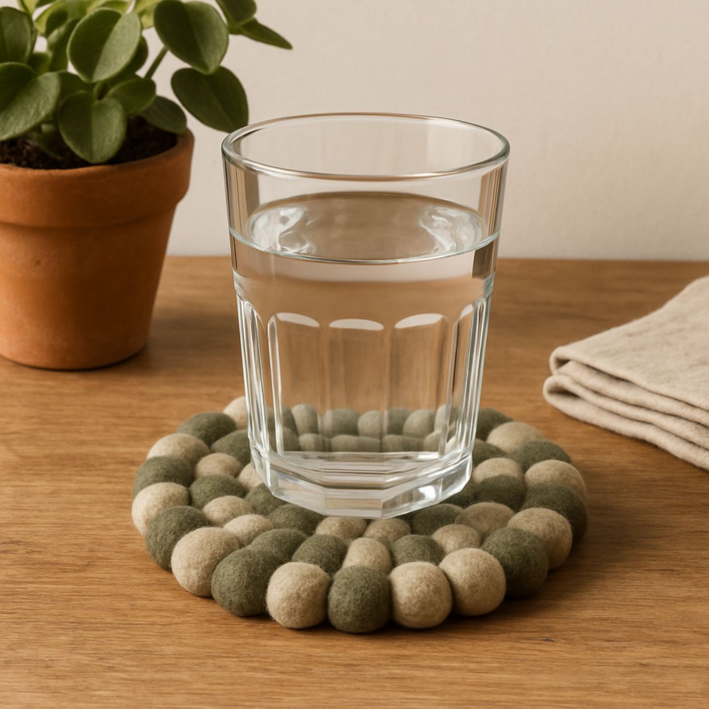 Handcrafted Felt Ball Trivet & Coaster- Olive Green