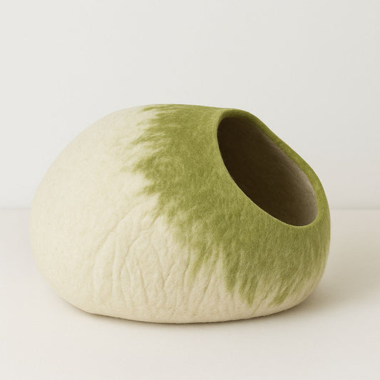 Luxury Felt Cat Cave – Handcrafted Wool Retreat from Nepal – Sage Cream