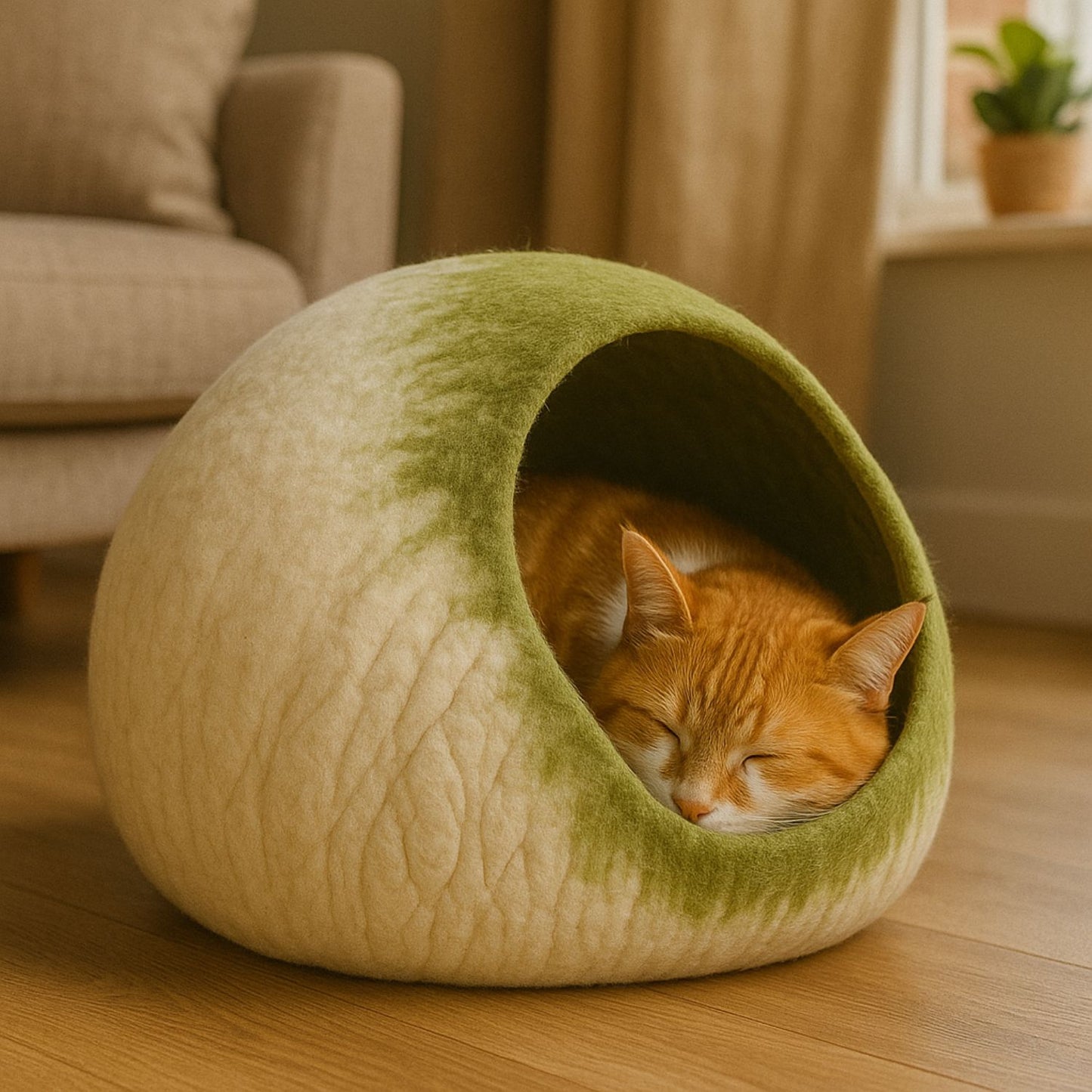 Luxury Felt Cat Cave – Handcrafted Wool Retreat from Nepal – Sage Cream
