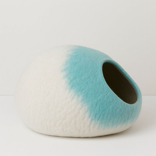 Luxury Felt Cat Cave – Handcrafted Wool Retreat from Nepal – Aqua Cream