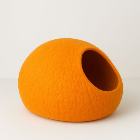 Luxury Felt Cat Cave – Handcrafted Wool Retreat from Nepal – Sunset Orange