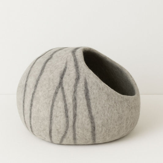 Luxury Felt Cat Cave – Handcrafted Wool Retreat from Nepal – Stone Grey Stripes