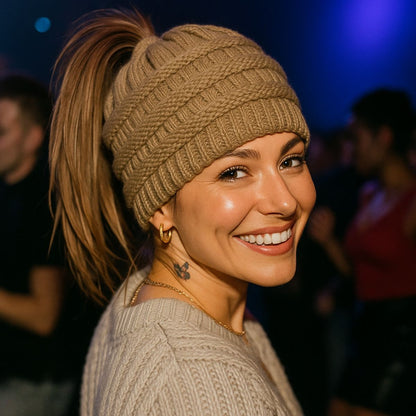Ponytail Beanie Cap – Stretchy, Stylish & Warm (Limited Edition- Mint)
